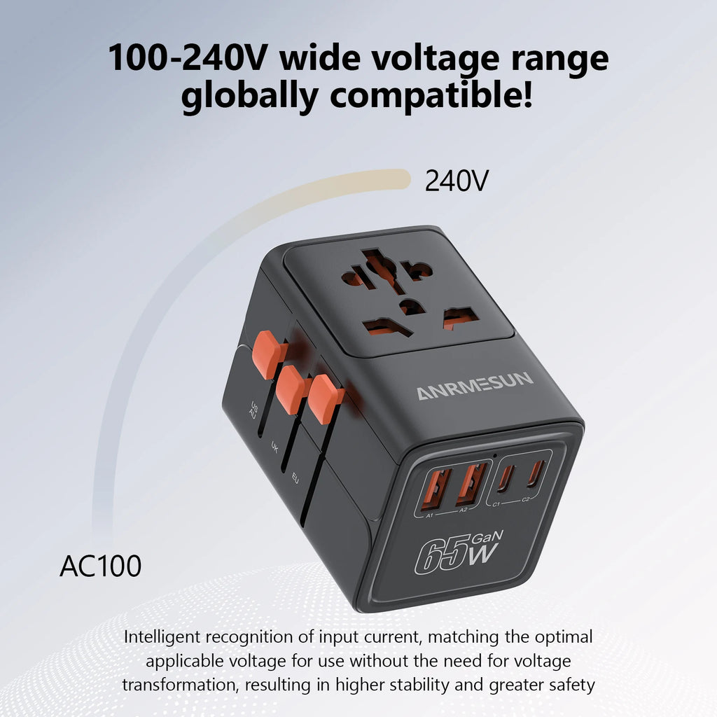 Universal Travel Adapter 65W Worldwide Plug Converter with USB-C Fast Charging