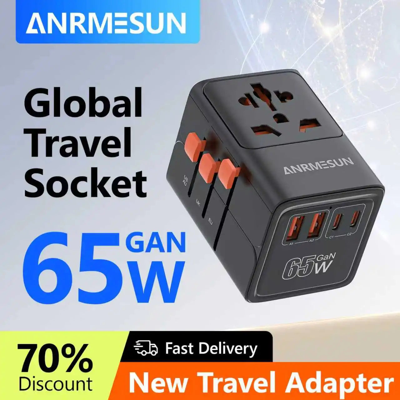 Universal Travel Adapter 65W Worldwide Plug Converter with USB-C Fast Charging