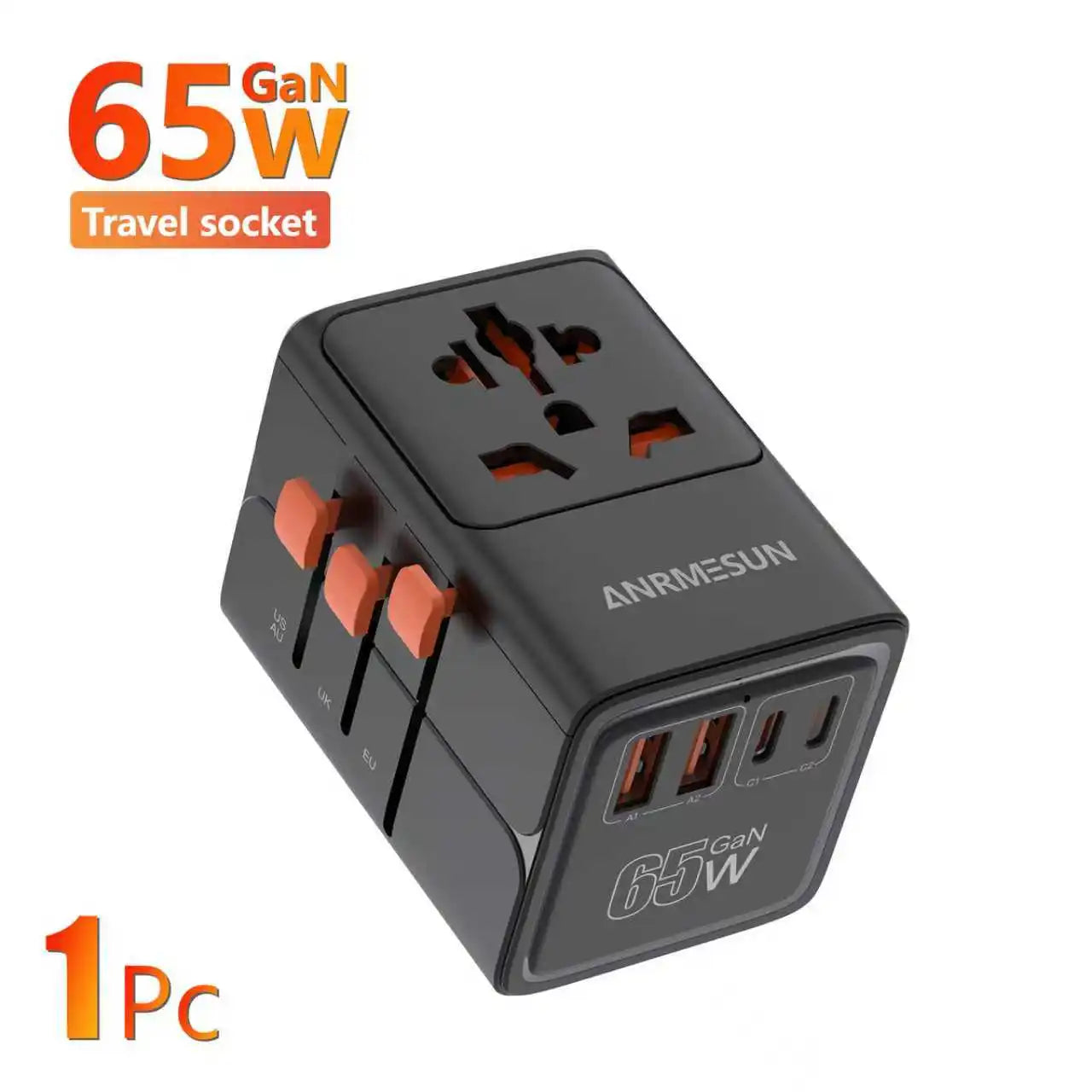 Universal Travel Adapter 65W Worldwide Plug Converter with USB-C Fast Charging