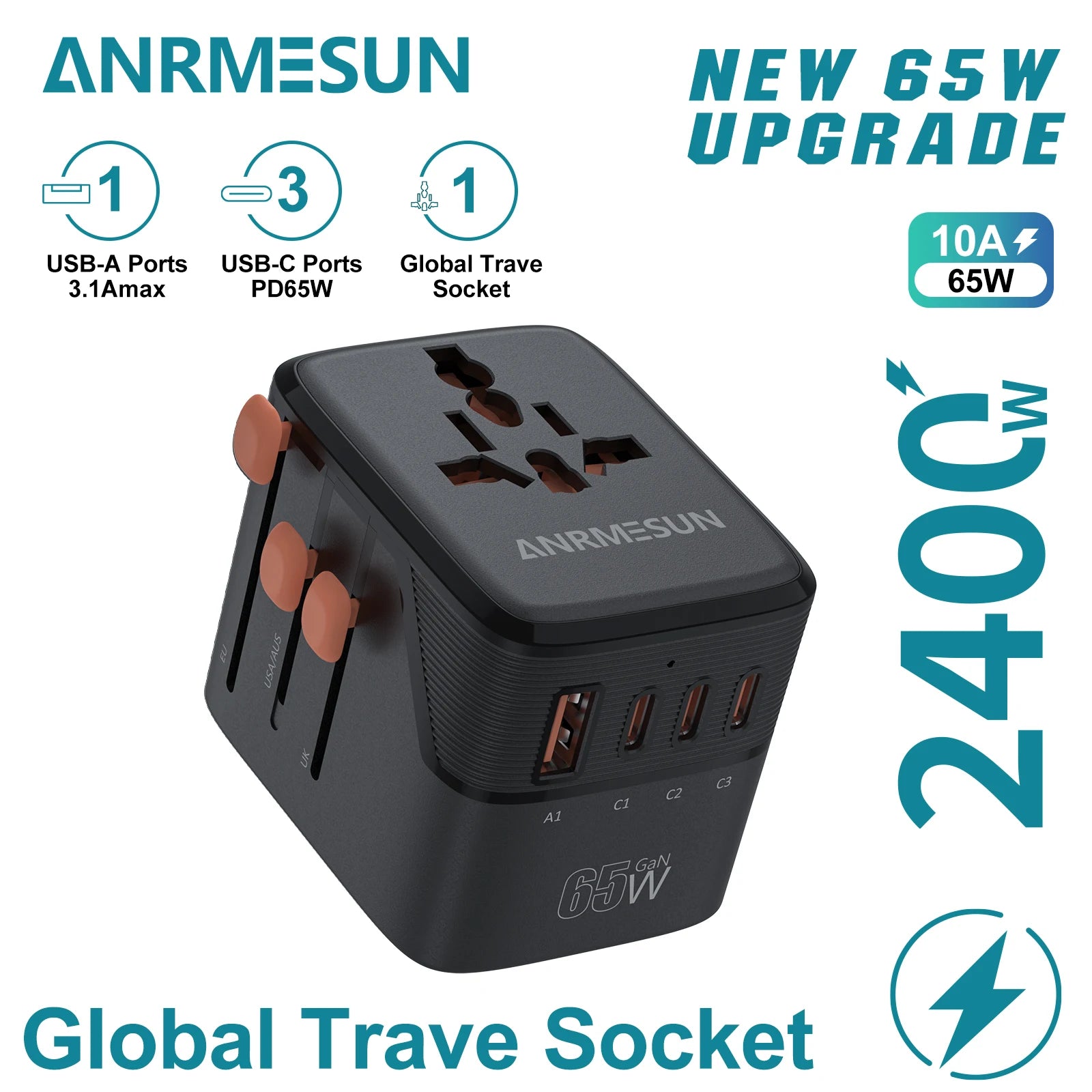 Universal Travel Adapter 65W Worldwide Plug Converter with USB-C Fast Charging