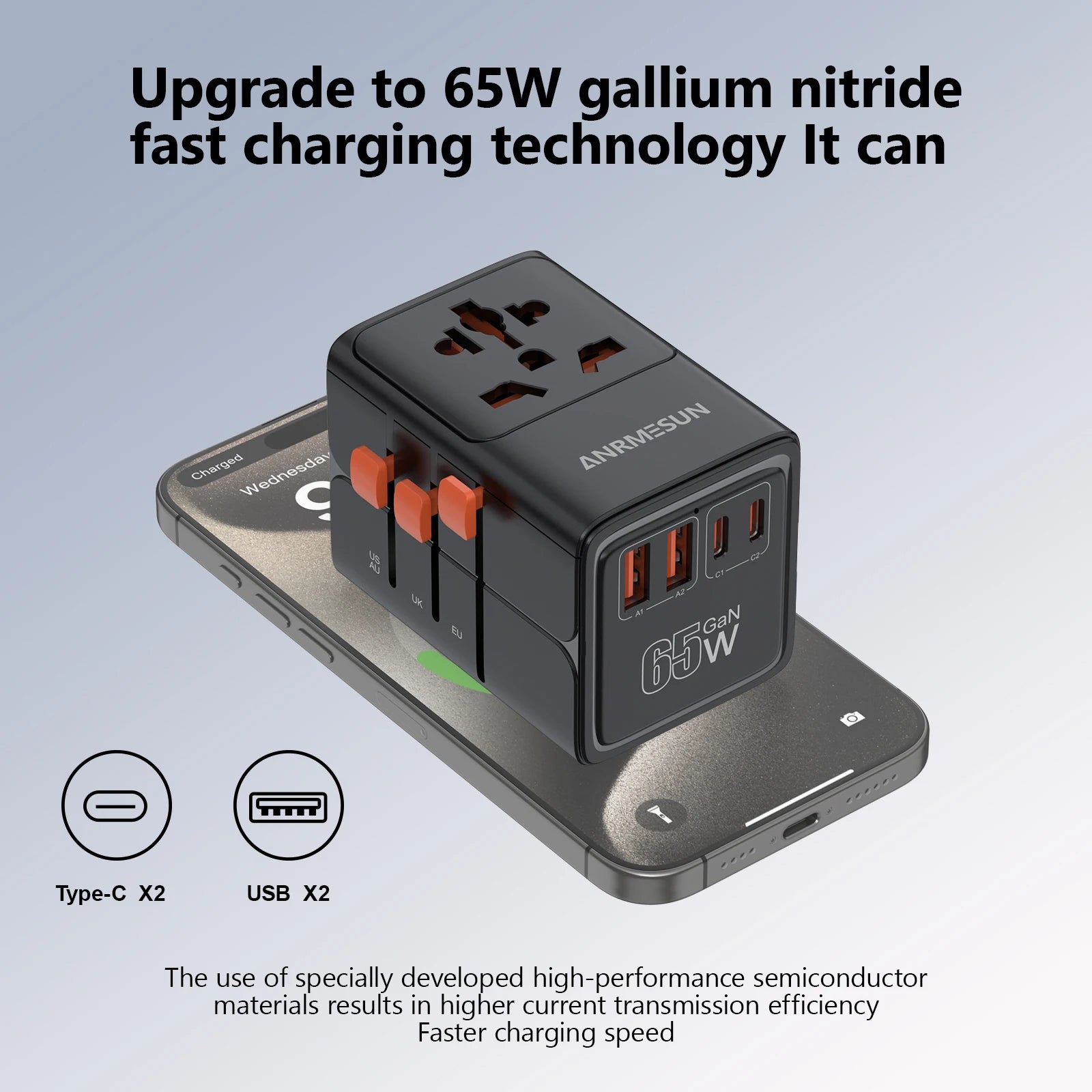 Universal Travel Adapter 65W Worldwide Plug Converter with USB-C Fast Charging