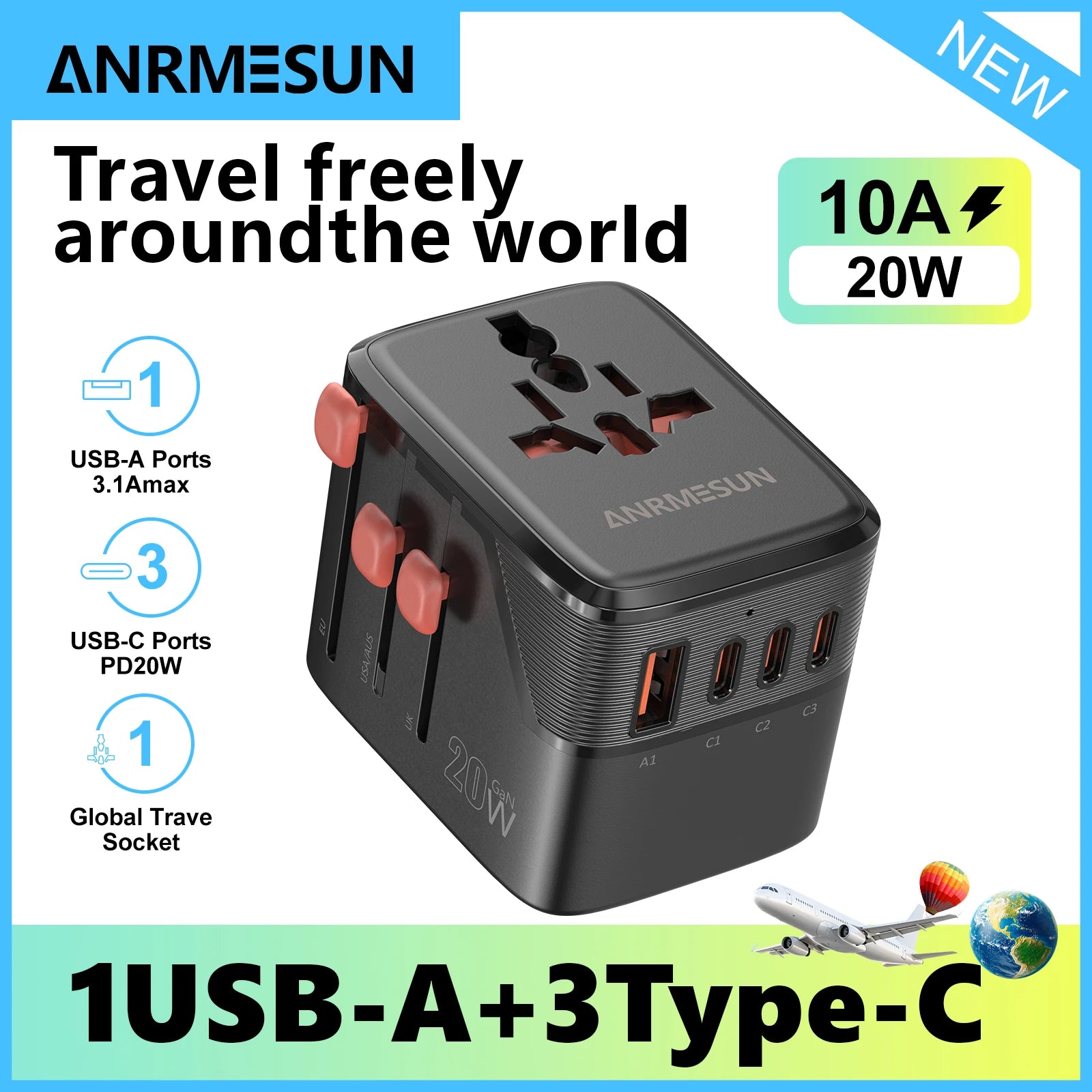 Universal Travel Adapter 65W Worldwide Plug Converter with USB-C Fast Charging