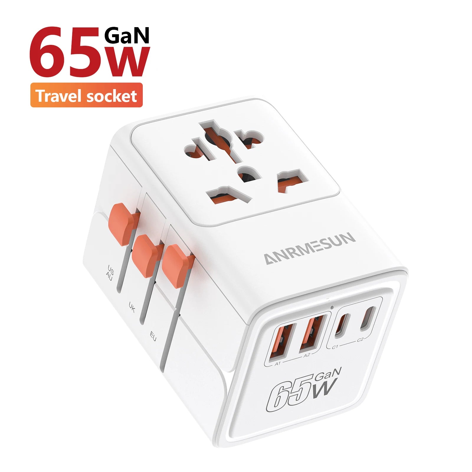 Universal Travel Adapter 65W Worldwide Plug Converter with USB-C Fast Charging