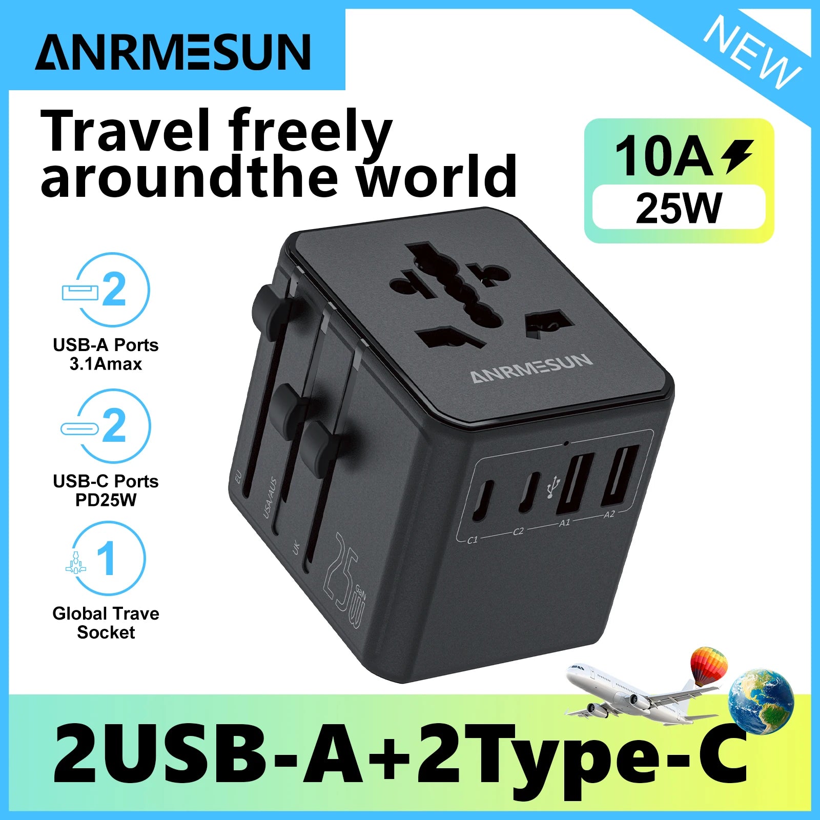 Universal Travel Adapter 65W Worldwide Plug Converter with USB-C Fast Charging