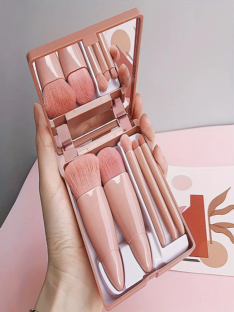 5Pcs Portable Makeup Brush Set With Mirror -  Foldable Travel Kit